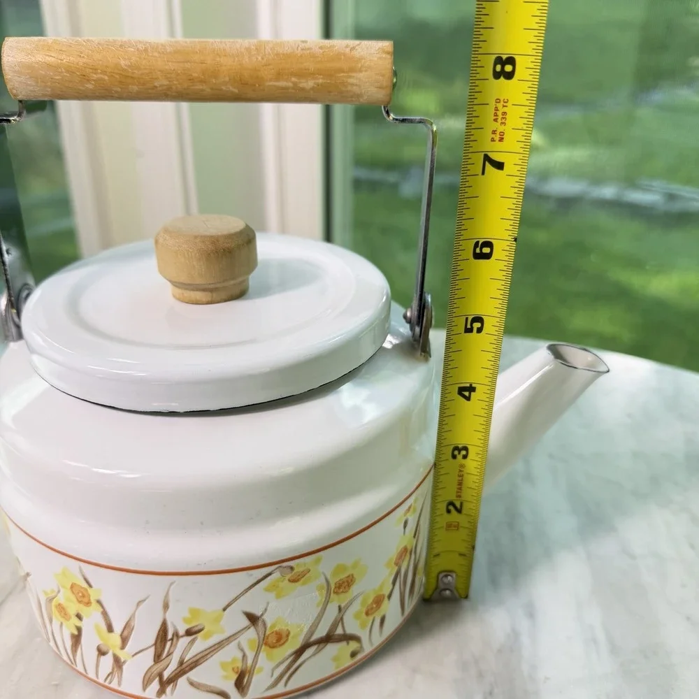 Vtg Gailstyn Sutton Felicity Enamel Tea Kettle Yellow Daffodil Wooden Handle 80s